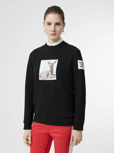 Shop Burberry Deer Print Cotton Oversized Sweatshirt In Black