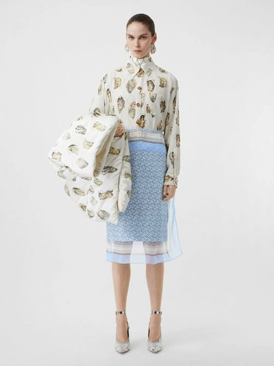 Shop Burberry Scarf Detail Monogram Print Silk Pencil Skirt In Baby Blue