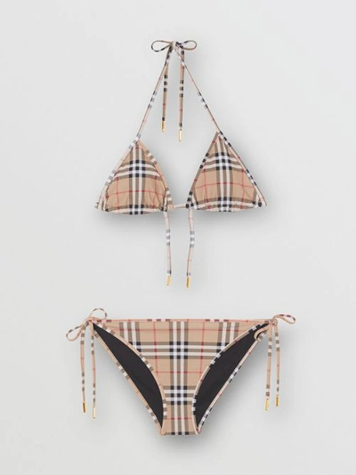 Shop Burberry Check Triangle Bikini In Archive Beige