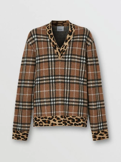 Shop Burberry Leopard Detail Vintage Check Cashmere Blend Sweater In Archive Beige