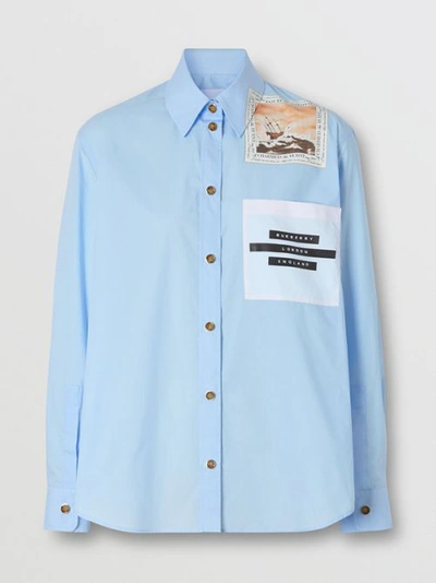 Shop Burberry Montage Print Cotton Oversized Shirt In Baby Blue