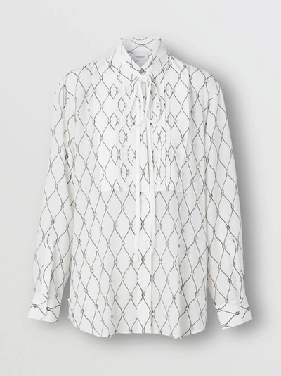 Shop Burberry Crystal Detail Net Print Silk Oversized Tie-neck Shirt In White