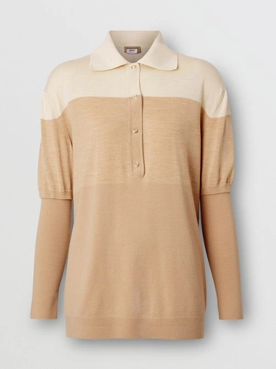 Shop Burberry Long-sleeve Two-tone Wool Polo Shirt In Light Maize
