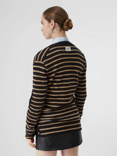 Shop Burberry Montage Print Striped Mohair Wool Blend Sweater In Black/honey