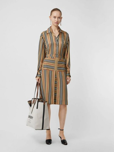 Shop Burberry Box Pleat Detail Icon Stripe A-line Skirt In Archive Beige