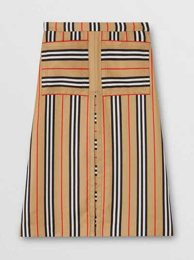 Shop Burberry Box Pleat Detail Icon Stripe A-line Skirt In Archive Beige