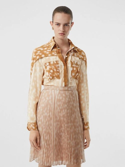 Shop Burberry Cape Sleeve Deer Print Silk Shirt In Soft Fawn