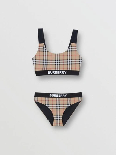 Shop Burberry Logo Detail Vintage Check Bikini In Archive Beige