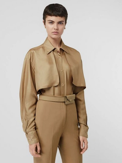 Shop Burberry Cape Detail Silk Oversized Shirt In Honey