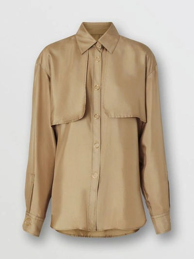 Shop Burberry Cape Detail Silk Oversized Shirt In Honey