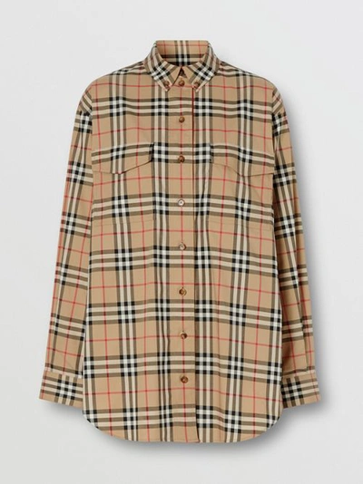 Shop Burberry Vintage Check Stretch Cotton Oversized Shirt In Archive Beige