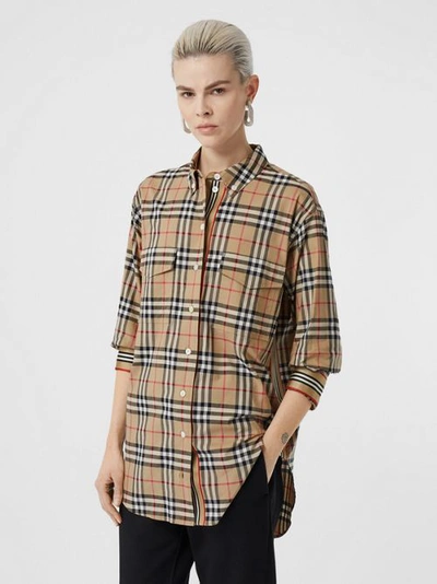 Shop Burberry Vintage Check Stretch Cotton Oversized Shirt In Archive Beige