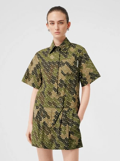 Shop Burberry Short-sleeve Monogram Print Shirt Dress In Khaki Green