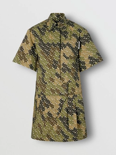 Shop Burberry Short-sleeve Monogram Print Shirt Dress In Khaki Green