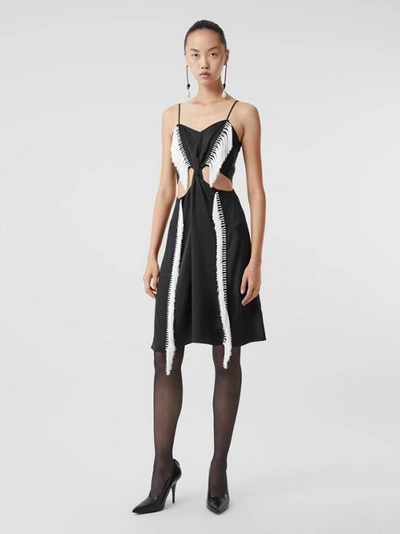 Shop Burberry Fringe Detail Silk Satin Slip Dress In Black