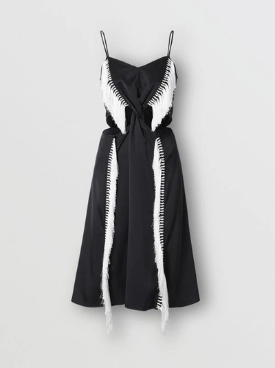 Shop Burberry Fringe Detail Silk Satin Slip Dress In Black