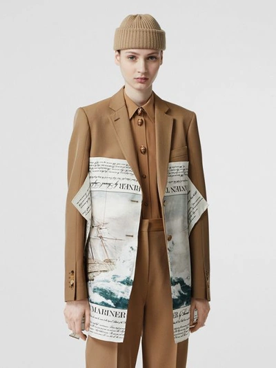 Shop Burberry Mariner Print Scarf Detail Wool Blend Tailored Jacket In Camel