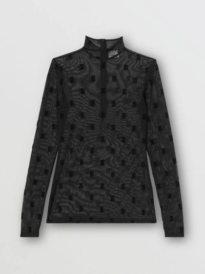 Shop Burberry Monogram Motif Flock Mesh Turtleneck Top In Black