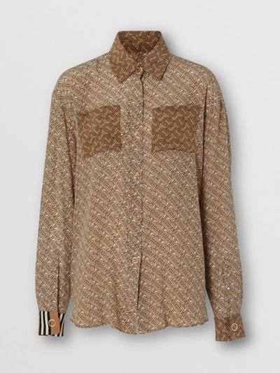 Shop Burberry Two-tone Monogram Print Silk Oversized Shirt In Light Camel