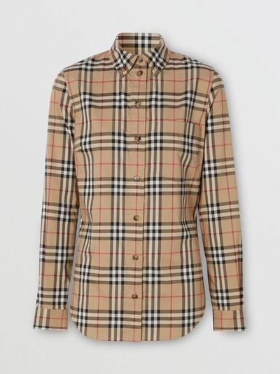 Shop Burberry Check Stretch Cotton Shirt In Archive Beige