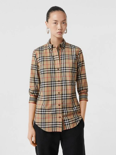 Shop Burberry Check Stretch Cotton Shirt In Archive Beige