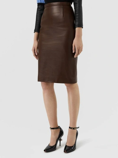 Shop Burberry Lambskin Pencil Skirt In Mahogany