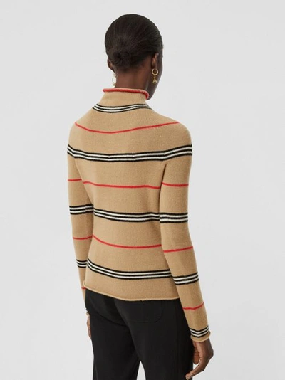 Shop Burberry Icon Stripe Cashmere Turtleneck Sweater In Archive Beige