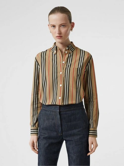 Shop Burberry Button-down Collar Icon Stripe Cotton Shirt In Archive Beige