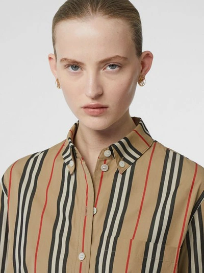 Shop Burberry Button-down Collar Icon Stripe Cotton Shirt In Archive Beige