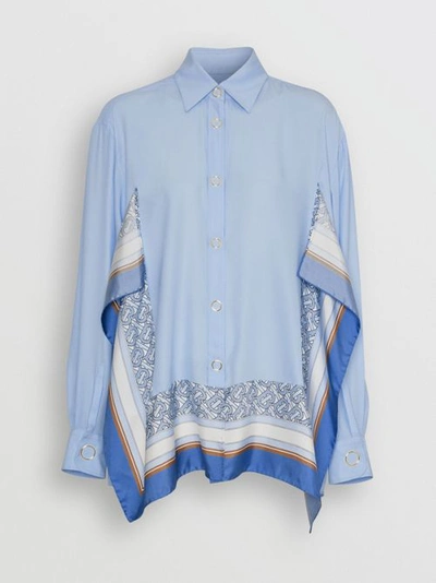 Shop Burberry Monogram Print Trim Silk Oversized Shirt In Pale Blue