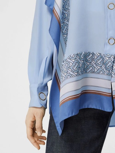 Shop Burberry Monogram Print Trim Silk Oversized Shirt In Pale Blue