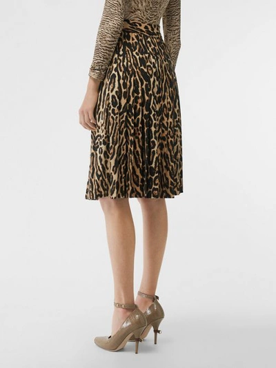 Shop Burberry Leopard Print Stretch Silk Pleated Skirt In Camel