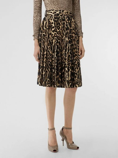 Shop Burberry Leopard Print Stretch Silk Pleated Skirt In Camel