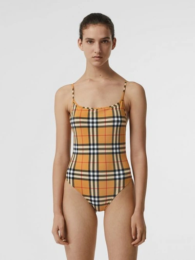 Shop Burberry Vintage Check Swimsuit In Camel
