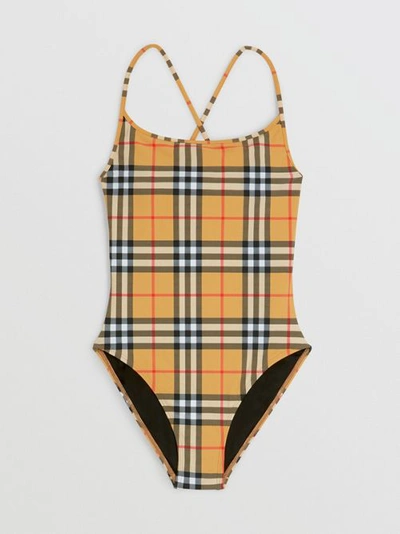 Shop Burberry Vintage Check Swimsuit In Camel