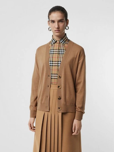 Shop Burberry Vintage Check Detail Merino Wool Cardigan In Camel