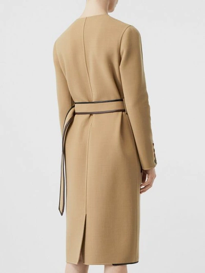 Shop Burberry Lambskin Trim Technical Wool Belted Dress In Honey