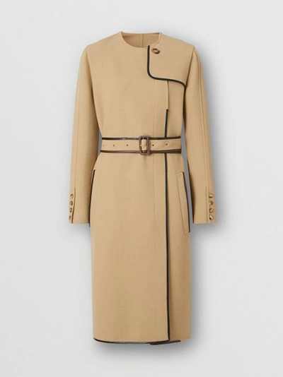 Shop Burberry Lambskin Trim Technical Wool Belted Dress In Honey