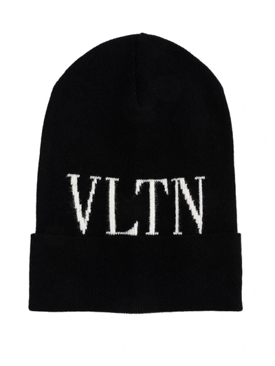 Shop Valentino Vltn Print Black Wool Beanie