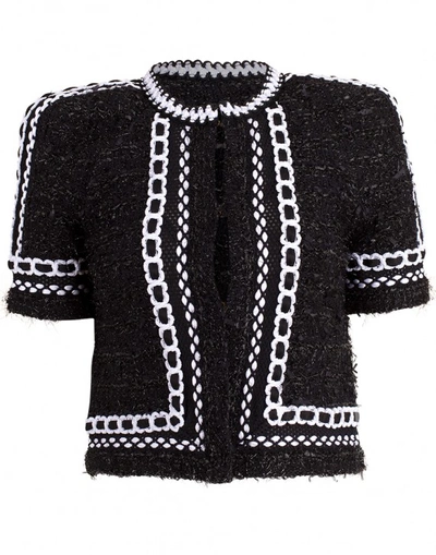 Shop Balmain Short Sleeve Collarless Knit Jacket In Wht-blk