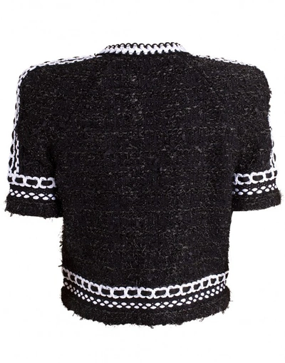 Shop Balmain Short Sleeve Collarless Knit Jacket In Wht-blk