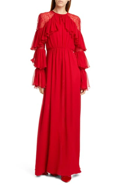 Shop Giambattista Valli Lace Shoulder Ruffle Long Sleeve Georgette Gown In Rubino 6150