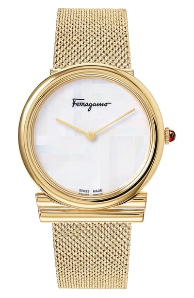 Shop Ferragamo Gancino Slim Mesh Strap Watch, 34mm In Gold/ White Mop/ Gold