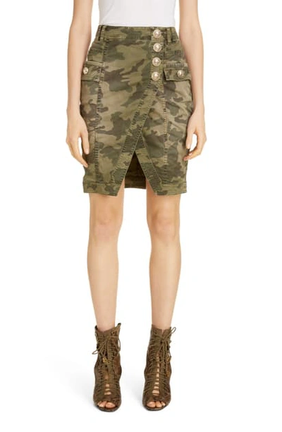Shop Balmain Camouflage Denim Faux Wrap Miniskirt In Kaki