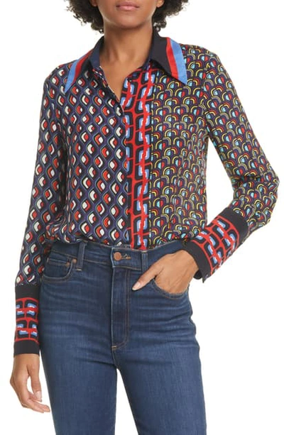 Shop Alice And Olivia Willa Large Collar Print Silk Shirt In Mod Moon Multi