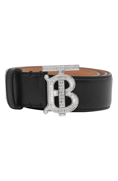 Shop Burberry Tb Monogram Buckle Pave Crystal & Leather Belt In Black/ Palladio