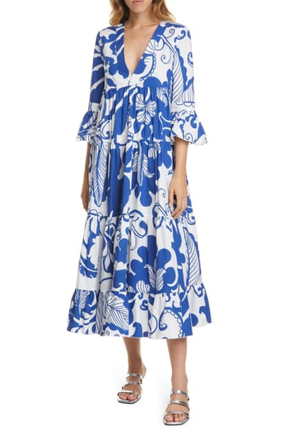 Shop La Doublej Jennifer Jane Floral Ruffle Cotton Midi Dress In Marea Blu