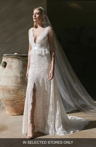 Shop Watters Lark Beaded Lace Wedding Dress In Ivory/ Nude/ Babys Breath