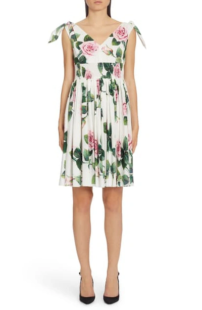 Shop Dolce & Gabbana Rose Print Tie Strap A-line Dress In White