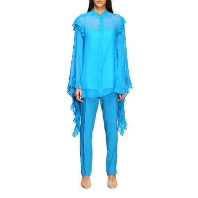 Shop Alberta Ferretti Chiffon Shirt With Flounces On The Wide Sleeves In Gnawed Blue